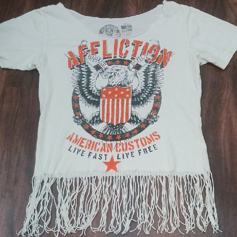 Affliction White Fringe Graphic Top